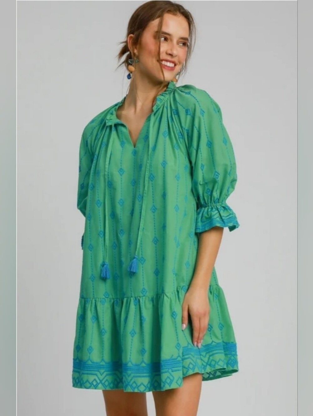 Umgee Green Tunic Dress with Blue Embroidery
